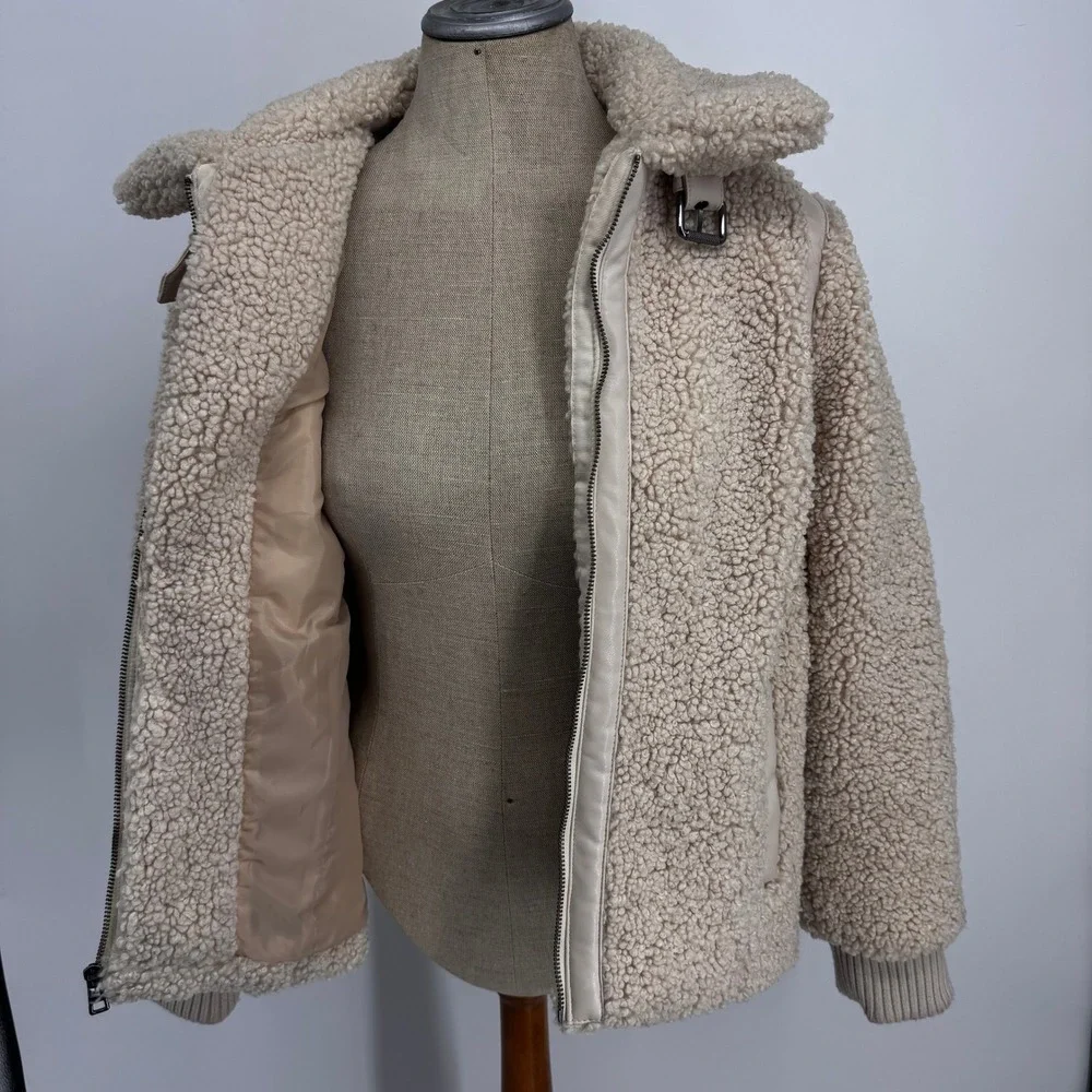 Banana Republic Sherpa Jacket Women Medium Cream Moto Teddy Faux Fur Zip Up